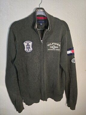 Tommy Hilfiger Men's Olive Zip-Up Sweater with Crest Patches
